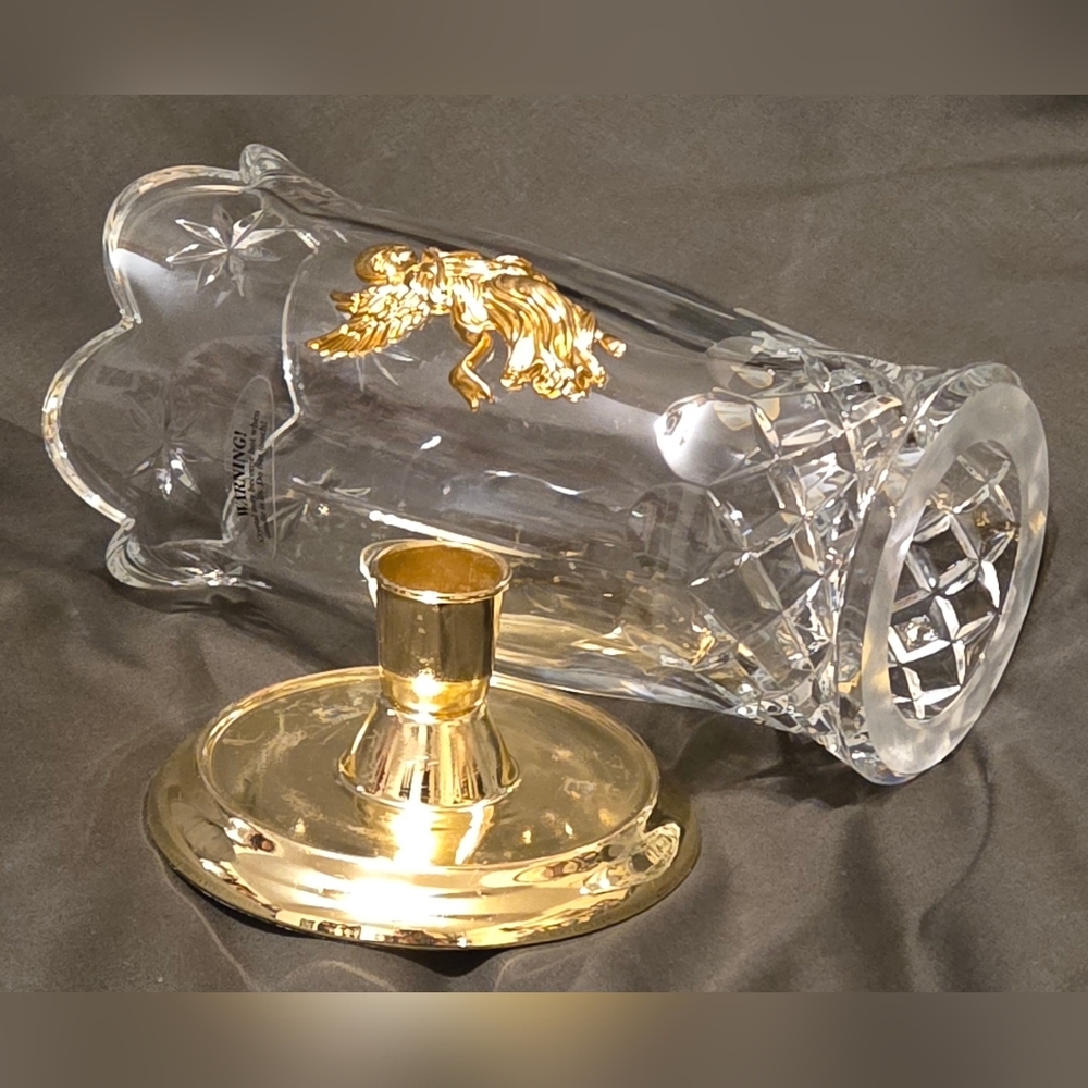 Vintage Bohemian Crystal Candle Holder Chimney With Golden Angel Czech Republic